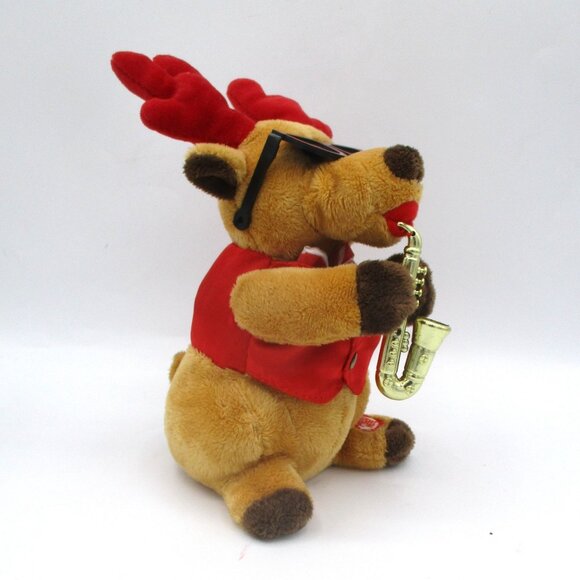 Singing Plush Reindeer Toy With Saxophone & Red Sunglasses - Picture 2 of 5